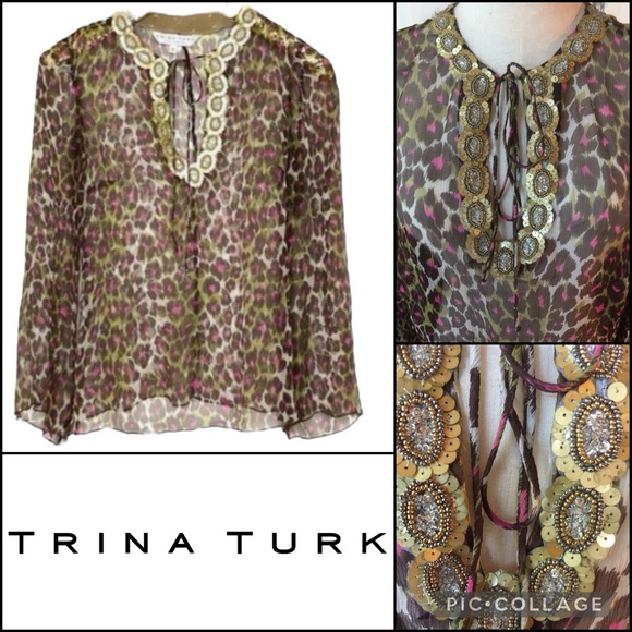 Trina Turk 100% Silk Sequin Beaded Neckline Sheer Leopard Cheetah